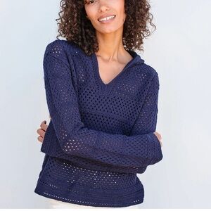 Sundry Crochet Hoodie Navy V-Neck Sweater women’s size small coverup beach swim